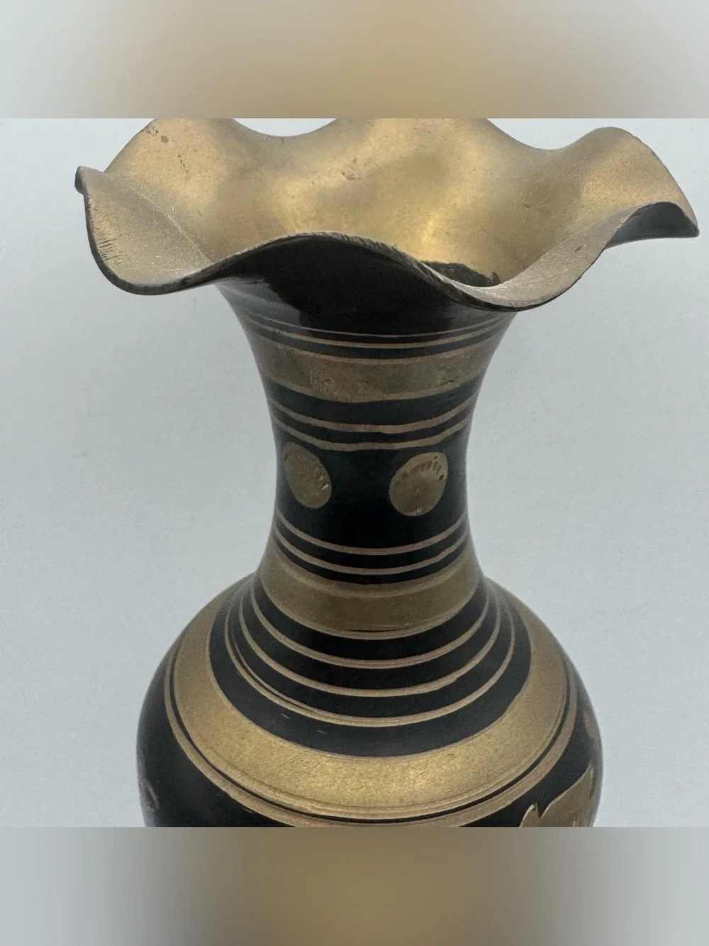 Vintage Indian Brass Vase Black Enamel Engraved Birds Floral Pedestal
